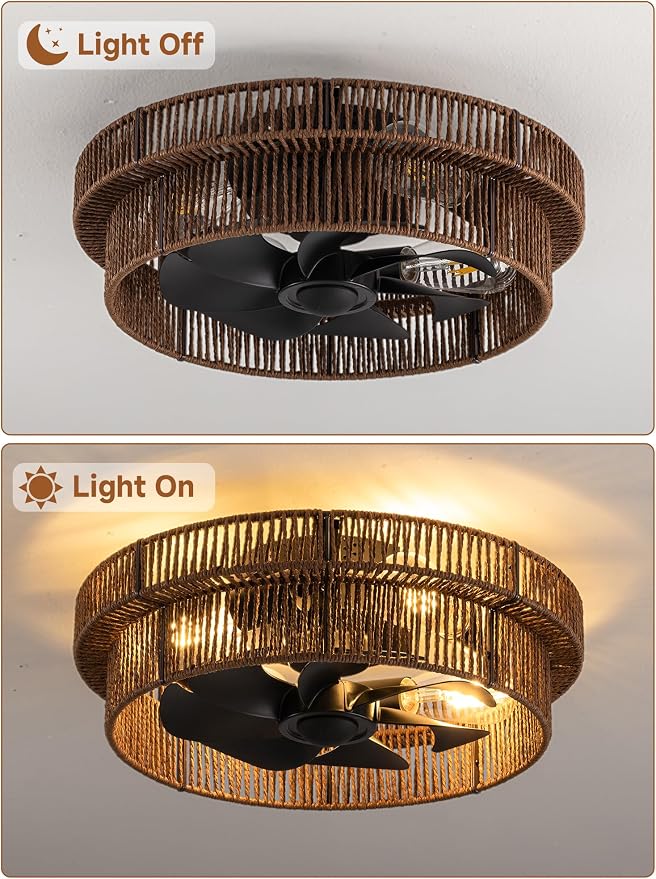 Handwoven Boho Ceiling Fans with Lights Flush Mount,Black Farmhouse Caged Fandelier Low Profile Enclosed Chandelier Fan with 6 Speeds for Bedroom,Nursery,Dining Room(Rattan Brown)
