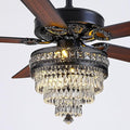 50"Black Crystal Chandelier Ceiling Fans with Lights and Remote Control | Classical Design,6 Reversible Speeds,30W Quiet DC Motor,5 Wooden Blades,2*E12 LED Bulbs Included,for Living Room Bedroom