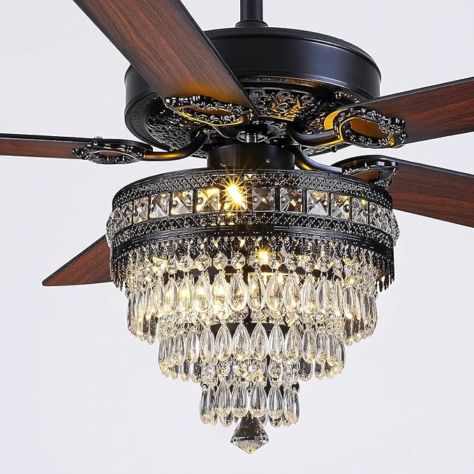 50"Black Crystal Chandelier Ceiling Fans with Lights and Remote Control | Classical Design,6 Reversible Speeds,30W Quiet DC Motor,5 Wooden Blades,2*E12 LED Bulbs Included,for Living Room Bedroom