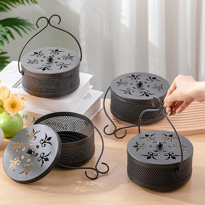 Lallisa Incense Coil Holder Sets, Round Metal Hanging Incense Burner with Handle and Lid, Portable Coil Burner Stand Container for Patio Camping Garden Home Indoor Outdoor Decor(Classic Black,4 Pcs)