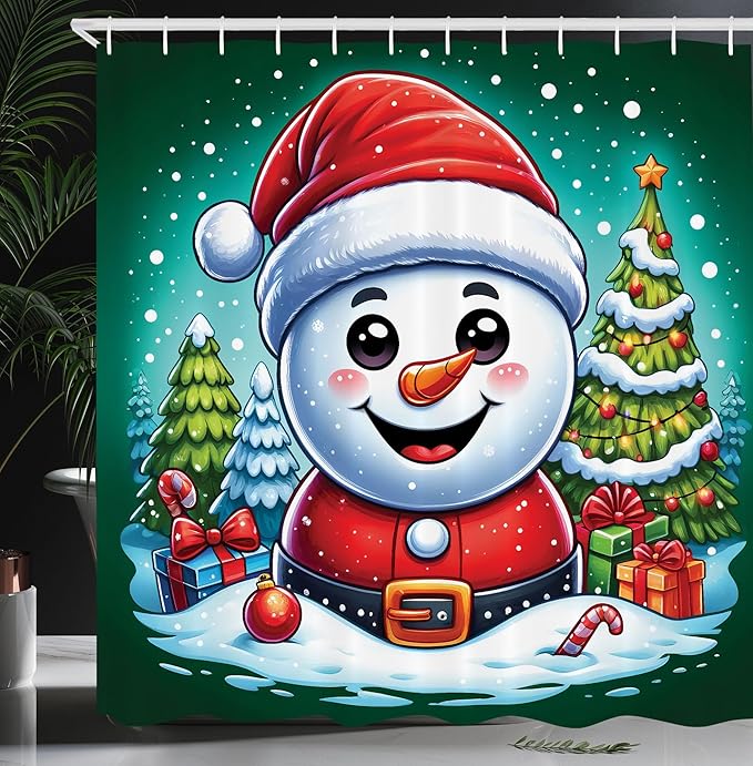 Ambesonne Christmas Shower Curtain, Cartoon Xmas Snowman Santa with Pine Trees in Snowy Winter Holiday, Cloth Fabric Bathroom Decor Set with Hooks, 69" W x 84" L, Green Soft Blue Dark Pink