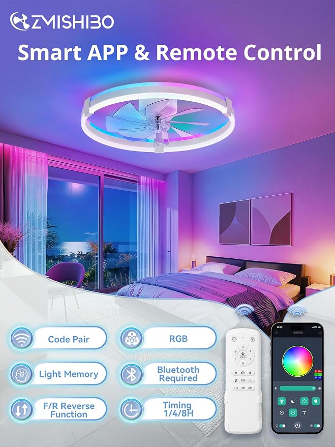ZMISHIBO RGB Ceiling Fans with Lights and Remote, 23 inch Low Profile Ceiling Fan with Light, 3000K-6000K Dimmable & RGB, Modern Fandelier Flush Mount Ceiling Fan, Small LED Fan for Bedroom