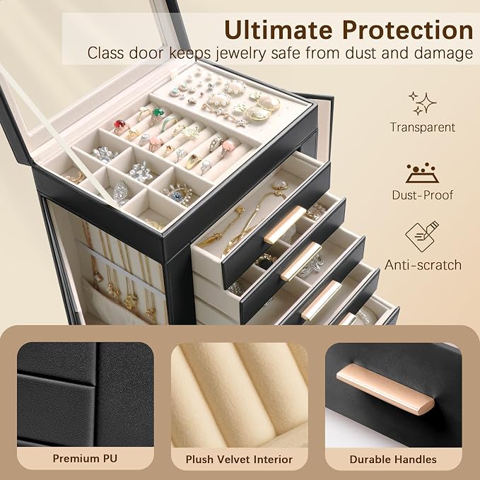 Homeanda 6-Layer Jewelry Boxes for Women, Large PU Leather Storage Organizer with 5 Drawers Glass Lid Case for Rings Necklaces Earrings Bracelets Watches, Gift for Wife and Girls (Black)