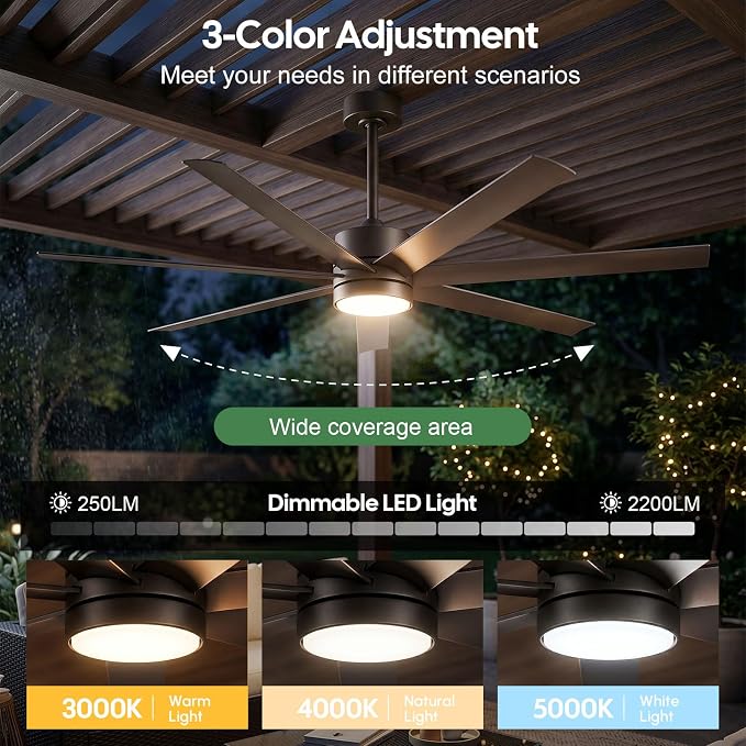 56 Inch Waterproof Outdoor Ceiling Fan with Light, All-Weather Wet Rated Outdoor Fans for Patios, 7 UV-Proof Blades, Smart Alexa/App/Remote Control, High CFM Quiet DC Motor for Exterior Gazebo Porch