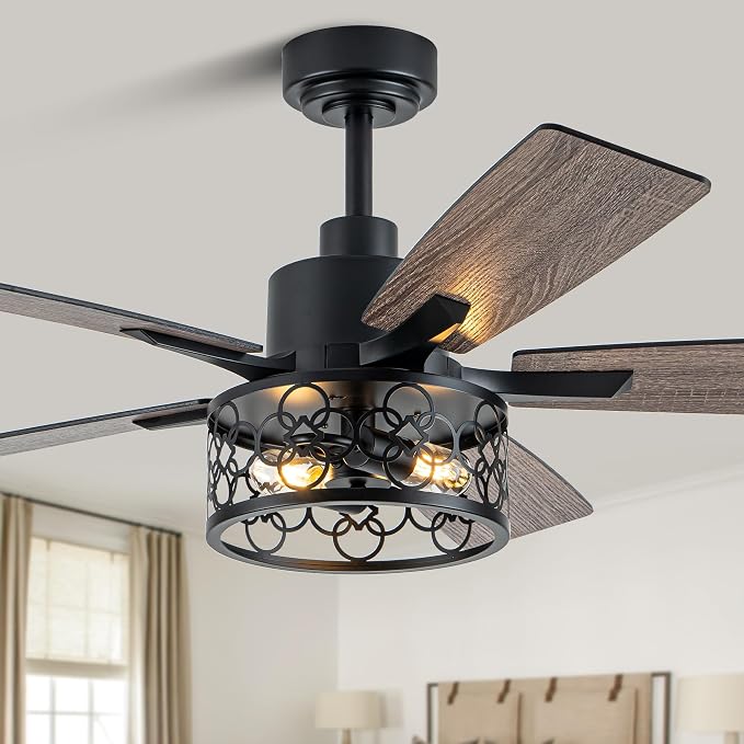 Dawn Whisper 52 Inch Farmhouse Ceiling Fans with Lights and Remote Quiet and Reversible DC Motor Black Industrial Rustic Caged Ceiling Fan for Bedroom Living Room Covered Patio (12-Black)