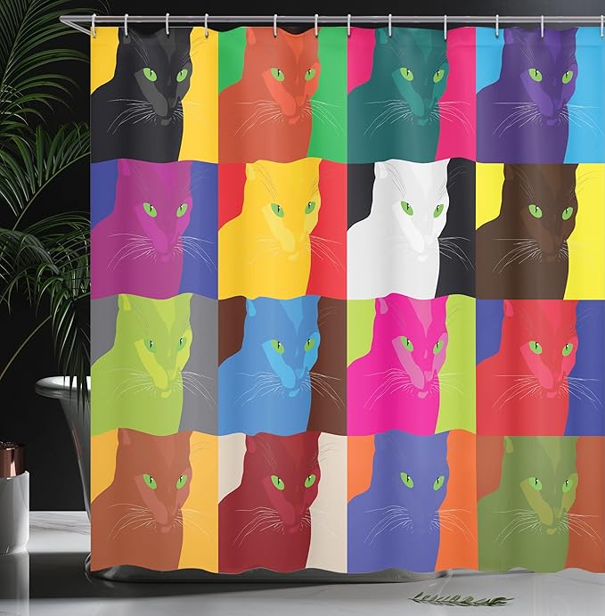 Ambesonne Cat Shower Curtain, Pop Art Style Featured Fractal Kitty Portraits Frame Color Effects Print, Cloth Fabric Bathroom Decor Set with Hooks, 69" W x 75" L, Magenta Red