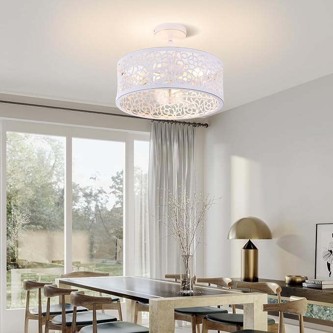 COCOSTAR Small Farmhouse Ceiling Fan with Light: 15" White Caged Fandelier | Smart Remote/APP,6 Speed,Timer,Semi Flush Mount Sloped Ceiling Light Fixture & Fan for Living Dining Kitchen Girls Bedroom