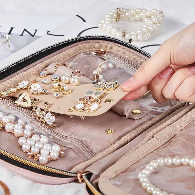 NISHEL Travel Jewelry Case Organizer, Tangle-Free Necklace Storage Bag | Stores rings, earrings, bracelets and watches in a compact case for travel, vacations and daily use, Pink, Medium