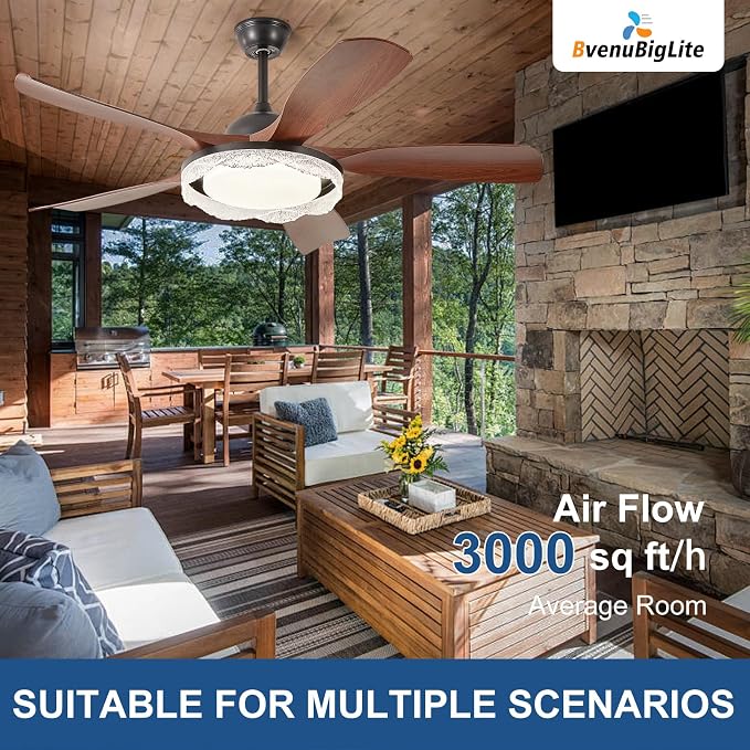Ceiling Fans with Lights and Remote: 46-Inch Ceiling Fan 5 Blades Round Crystal Low Profile Outdoor - Walnut Ceiling Fans with Remote Control Quiet Reversible DC Motor for Living Room