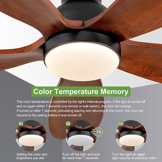 52 Inch Flush Mount Ceiling Fans with Lights, Remote, Dimmable, Power-Off Memory, Quiet DC Motor,5 Blades Wood Ceiling Fan with Light, Low Profile Outdoor/Indoor Hugger Ceiling Fan for Patio