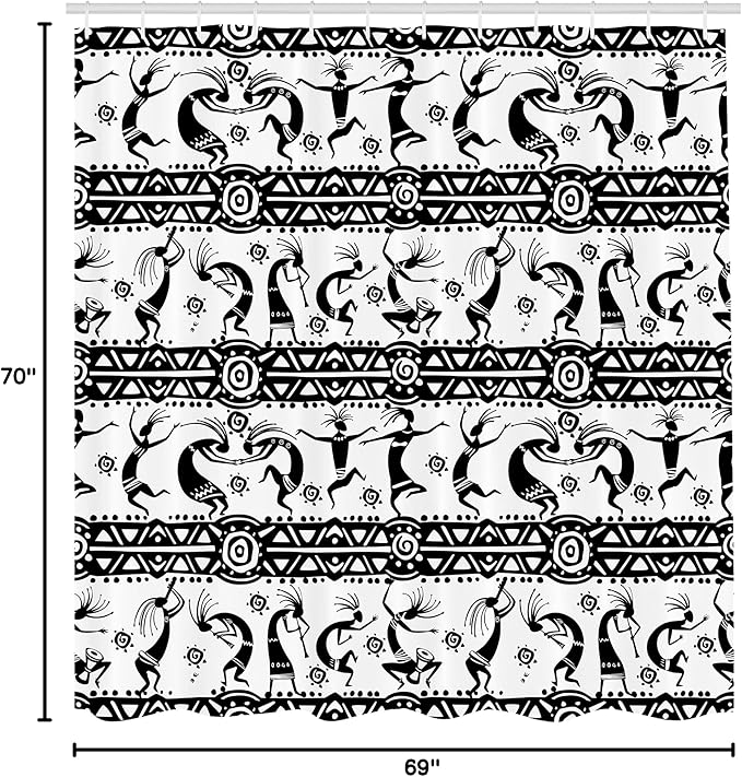 Ambesonne Ethnic Shower Curtain, Silhouette of Dancings Geometric Shapes in Horizontal Line Art Design Boho, Cloth Fabric Bathroom Decor Set with Hooks, 69" W x 70" L, White and Black