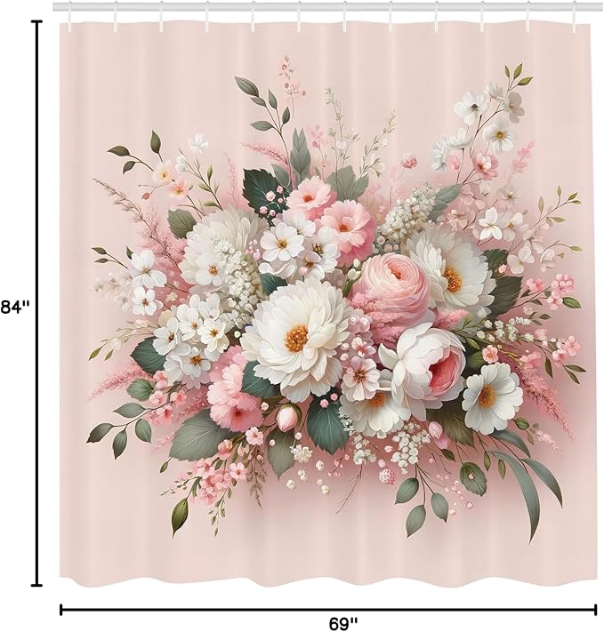 Ambesonne Floral Shower Curtain, Delicate Pink Bouquet of Spring Nature Blossoms Romantic Design Print, Cloth Fabric Bathroom Decor Set with Hooks, 69" W x 84" L, Rose Sage Green and White