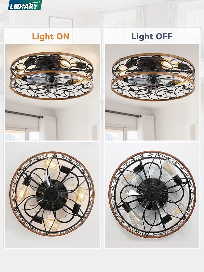 LEDIARY 20 Inch Caged Ceiling Fans with Lights, Farmhouse Flush Mount Ceiling Fan with Remote, Black&Walnut Low Profile Ceiling Fan Light Fixture for Bedroom, Kitchen, Dining Room