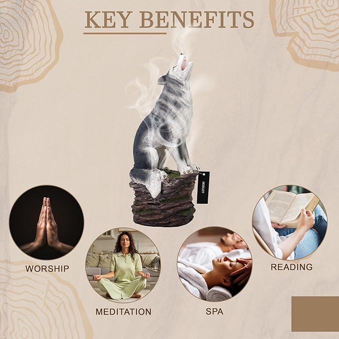 Hosley Incense Burner, Cone Incense Holder, Resin Wolf Décor 12 Inch Height, Aromatic Ambiance, Ideal for Home Décor, Office, Living Room, Spa, Meditation Space, Unique Gift for Wild Lovers