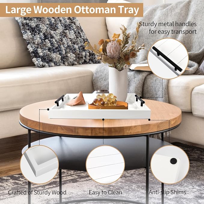 SXNOWS Wood Serving Tray with 2 Sets of Handles,White | Rectangle 16.5x13 Inch Ottoman Decorative Tray for Coffee Table Kitchen Bar Living Room Breakfast in Bed, 4 Coasters Included