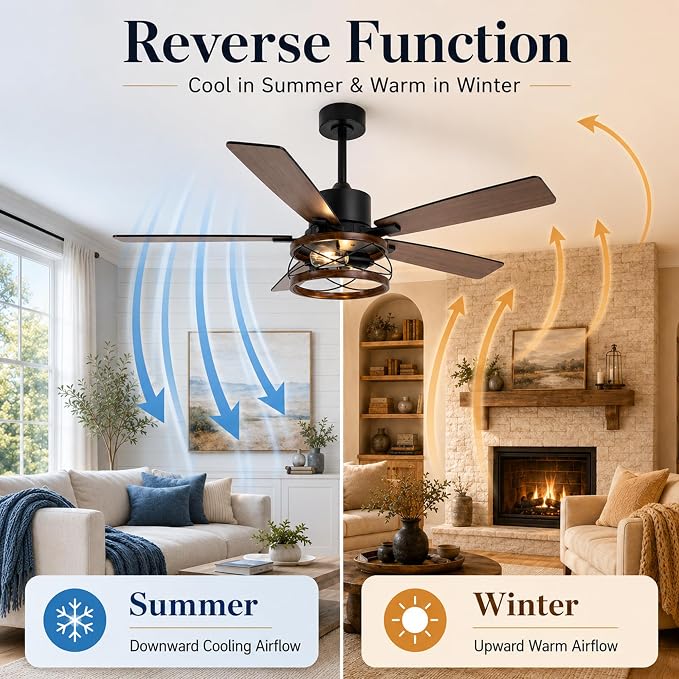 Qcyuui Farmhouse Ceiling Fan with Light 52 Inch Ceiling Fan with Light, Quiet 6-Speed Reversible DC Motor, Dual Finish 5 Blades, Rustic Caged Fandelier Ceiling Fan with Light for Living Room