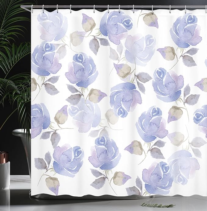 Ambesonne Rose Shower Curtain, Faint Watercolor Swirling Roses Botanical Female Novelty Wonders Art of Mother Earth, Cloth Fabric Bathroom Decor Set with Hooks, 69" W x 70" L, Eggshell Blue
