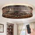 LEDIARY 20" Caged Ceiling Fans with Lights,Low Profile Flush Mount Enclosed Bladeless Farmhouse Ceiling Fan with Light and Remote,Black and Gold Vintage Victorian Rustic Fandelier for Bedroom,Kitchen