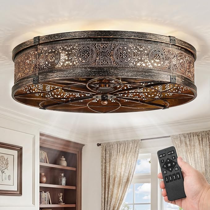 LEDIARY 20" Caged Ceiling Fans with Lights,Low Profile Flush Mount Enclosed Bladeless Farmhouse Ceiling Fan with Light and Remote,Black and Gold Vintage Victorian Rustic Fandelier for Bedroom,Kitchen