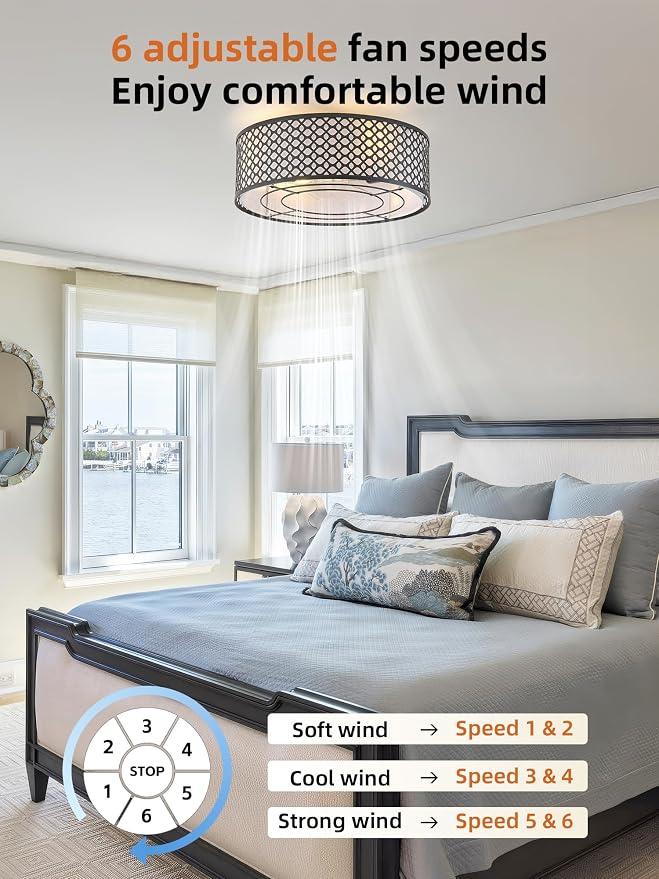 20" Black Ceiling Fan with Light Flush Mount, Caged Boho Ceiling Fans with Lights Remote Control, Round with 6 Speeds for Bedroom, Nursery, Living Room