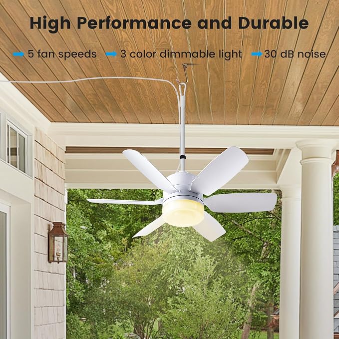 Fanspex 20.5'' Plug in Ceiling Fan with Light for Gazebo Patio Canopy Tent | 5 Fan Speeds with Adjust Lighting for Porch RV Cooling or Air Circulation, White