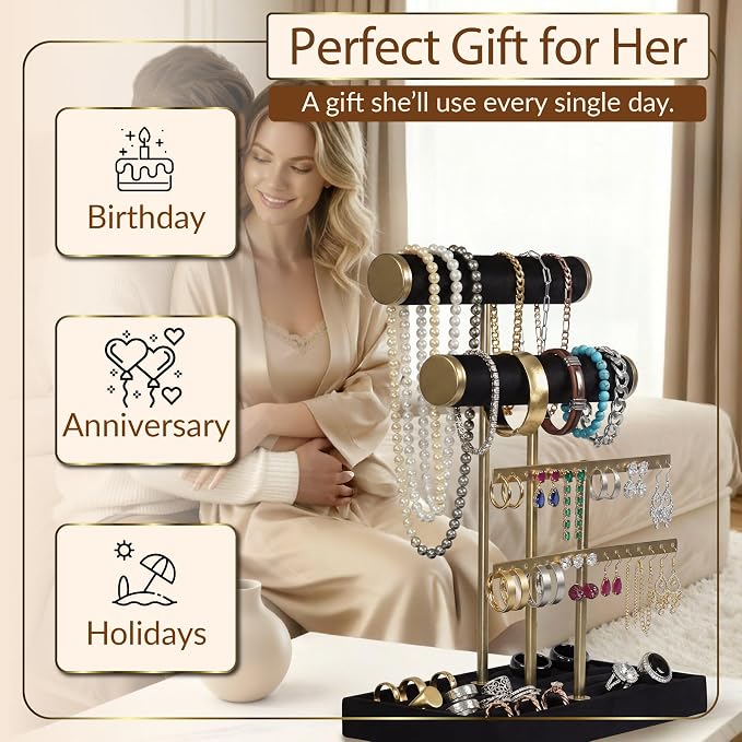 Jewelry Tower Stand Organizer for Women - Soft Touch Velvet Elegant Jewelry Holder Display with Necklace Holder, Earring Organizer & Bracelet Rack - Tabletop Stand for Dresser, Vanity, Desk - Black