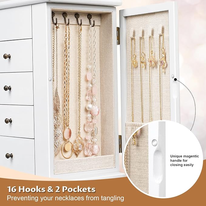 Emfogo Jewelry Box for Women, 5 Layer Large Wood Jewelry Boxes & Organizers for Necklaces Earrings Rings Bracelets, Rustic Jewelry Organizer Box with Rattan, Drawers and Mirror(Vintage White)