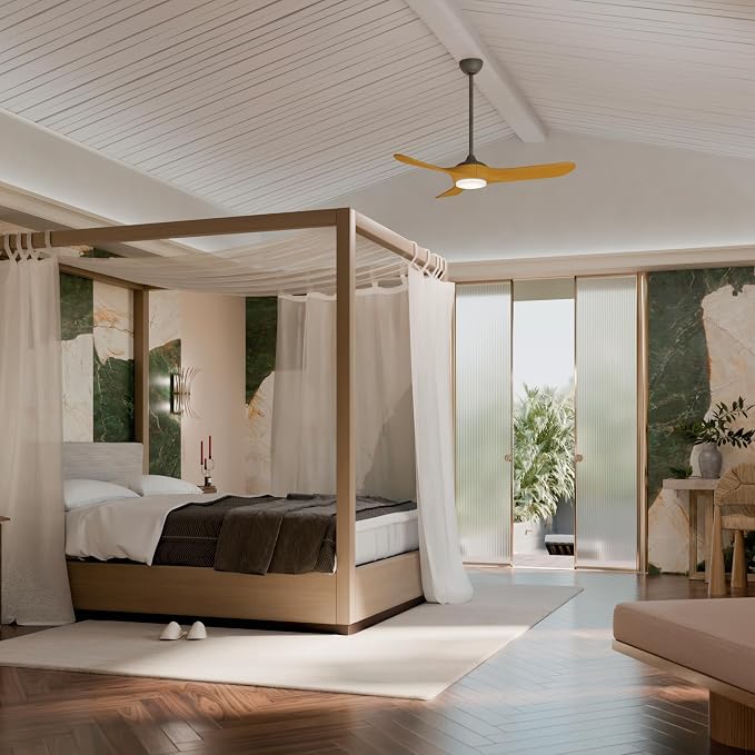 KICHLER Mylo 52 in Modern Ceiling Fan with Light and Remote, 6-Speed Damp Rated Indoor Outdoor Fan with Honey Maple Wood Blades and Satin Etched Opal Glass in Anvil Iron, 310552AVI