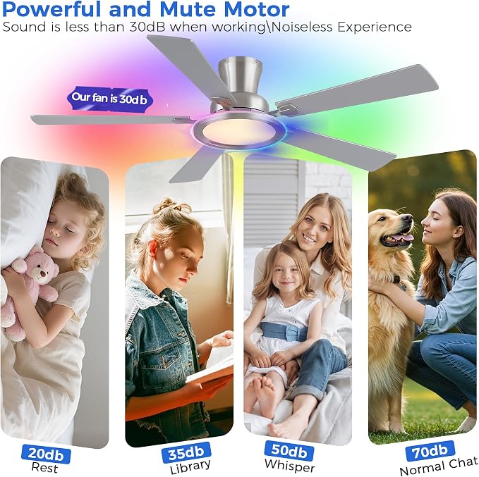 Ayaoty Ceiling Fans with Lights - 52in Flush Mount Ceiling Fan with RGB Dimmable, 3CCT 6 Wind Speeds and Reversible Quiet Motor, Low Profile RGB Fan Light for Modern Indoor, Party - Nickel