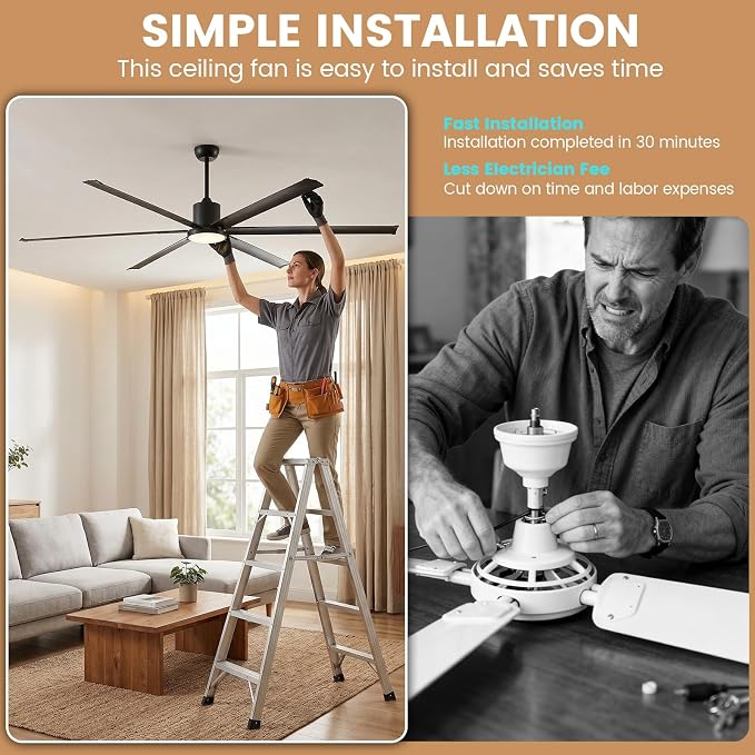 Newday 96" Large Industrial Ceiling Fan, 11500 CFM High Volume Low Speed (HVLS) Fan, DC Motor with 6 Aluminum Blades, Reversible Modern Fan with Light for Commercial Shop, Barn, Patio, Black