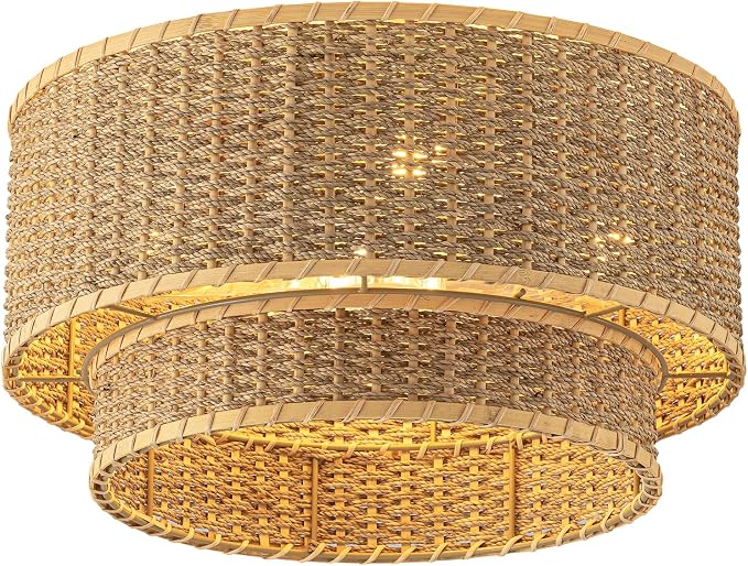 Boho Rattan Ceiling Fan with Light, Flush Mount Woven Fandelier with Remote 2 Tier Layered Caged Ceiling Fan Light Fixture 6-Speed Reversible Low Profile Fan for Bedroom Kitchen Dining Room