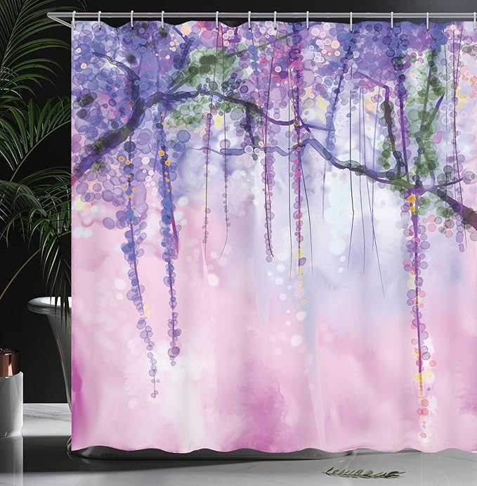 Ambesonne Watercolor Flower Shower Curtain, Wisteria Flowers on Blurred Background with Dreamy Colors, Cloth Fabric Bathroom Decor Set with Hooks, 69" W x 70" L, Pink Purple