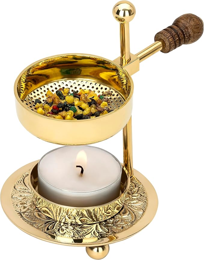 Handcrafted Adjustable Resin Incense Burner in Golden Brass with Wooden Handle – Premium Quality Incense Holder with Tealight (4.33 inch) for Aromatherapy and Unique Smoking Experience