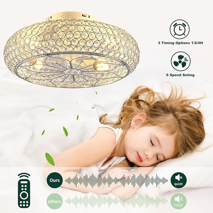 Caged Crystal Ceiling Fans with Lights and Remote,20" Flush Mount Low Profile Ceiling Fan with Light,6 Speed Enclosed Ceiling Fan with Reversible Motor for Bedroom Living Room|(4 E26 Bulbs Included)