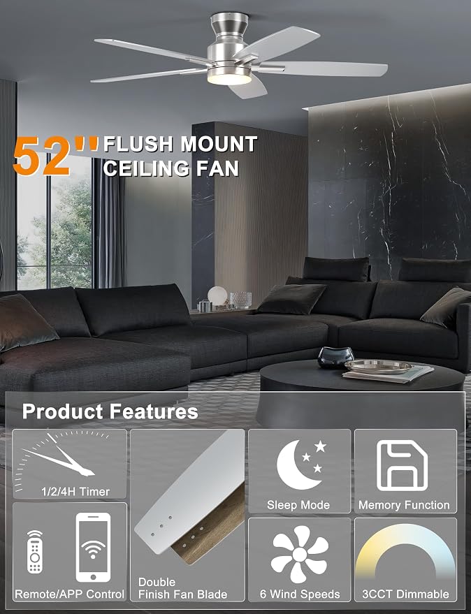Ohniyou Ceiling Fans with Lights, 52'' Low Profile Ceiling Fan with Light and Remote/APP Control, Modern Flush Mount Ceiling Fan for Indoor Bedroom Living Room, Dimmable, Quiet DC Motor, Silver