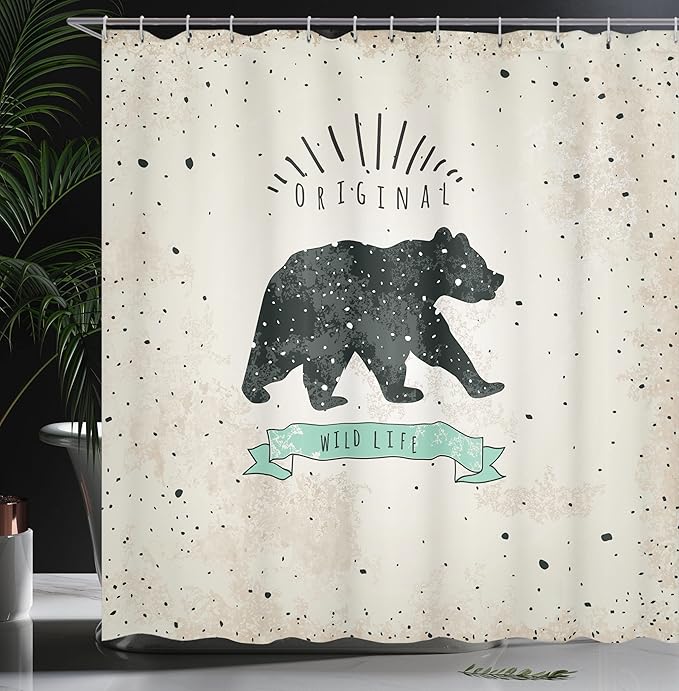 Ambesonne Bear Shower Curtain, Vintage Wildlife Theme Random Dots Predator Paws Animal Themed Design, Cloth Fabric Bathroom Decor Set with Hooks, 69" W x 84" L, Mint Green Black Tan