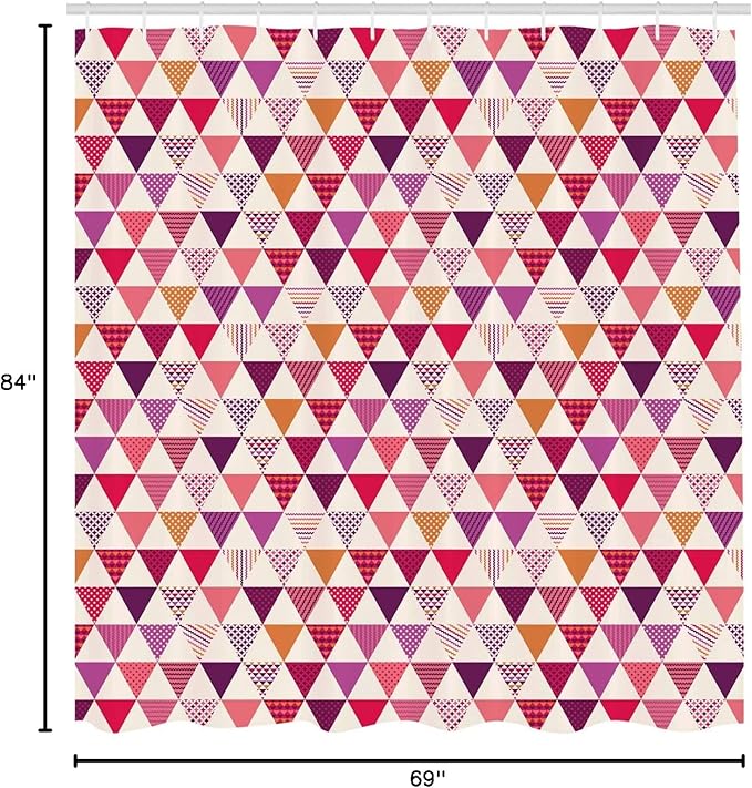 Ambesonne Pink Shower Curtain, Geometric Triangle Patterns with Polka Dots Lines Zig Zag Prints Abstract Image Print, Cloth Fabric Bathroom Decor Set with Hooks, 69" W x 84" L, Multicolor Ivory