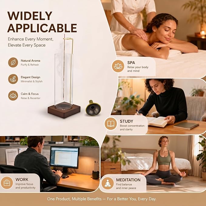 Glass Incense Holder, Hanging Incense Stick Burner with Ash Catcher, 2 in 1 Backflow Cone Holder on Wooden Base, Anti-Ash Zen Decor for Meditation, Yoga (Round)