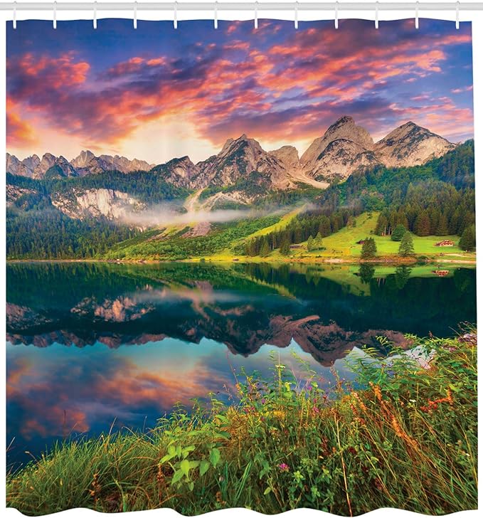Ambesonne Landscape Shower Curtain, Summer Sunrise on Vorderer Gosausee Lake in The Austrian Alp Mountains, Cloth Fabric Bathroom Decor Set with Hooks, 69" W x 70" L, Pink Green