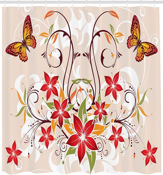 Ambesonne Floral Shower Curtain, Butterflies and Flourishing Swirled Blossoms Bouquet Botany Image, Cloth Fabric Bathroom Decor Set with Hooks, 69" W x 70" L, Beige Green Red