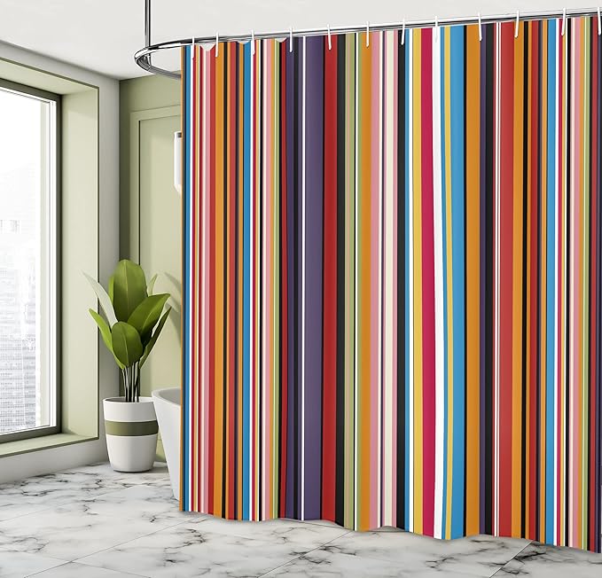 Ambesonne Abstract Shower Curtain, Vibrant Colored Stripes Vertical Pattern Funky Modern Tile Illustration, Cloth Fabric Bathroom Decor Set with Hooks, 69" W x 75" L, Orange Purple