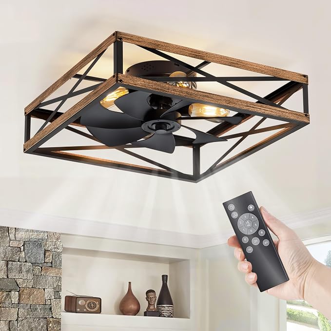 LEDIARY 23” Caged Flush Mount Square Ceiling Fans with Lights and Remote | 6 Speed and Reversible, Small Farmhouse Rustic Bladeless Ceiling Fan Low Profile for Bedroom, Kitchen, Dining Room