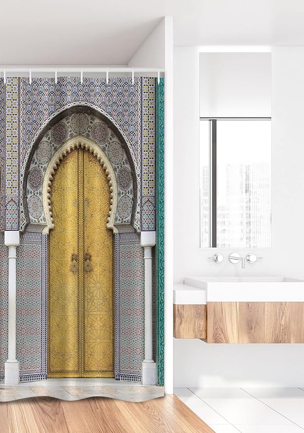 Ambesonne Orient Stall Shower Curtain, Yellow Door of Royal Palace in FES Morocco Vintage Moroccan Artwork Mosaic Style, Fabric Bathroom Decor Set with Hooks, 36" W x 72" L, Navy Ivory