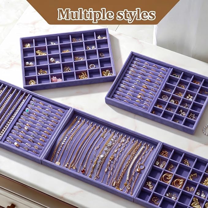 Large Velvet Jewelry Tray 2 Pack Stackable Jewelry Display Drawer Inserts Trays Organizer for Earring Bracelet Necklace Ring (Purple, 20 Hooks)