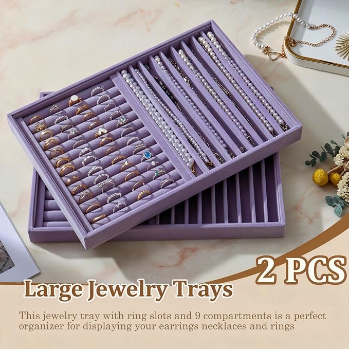 Large Velvet Jewelry Tray 2 Pack Stackable Jewelry Display Drawer Inserts Trays Organizer for Earring Bracelet Necklace Ring (Purple, Ring and 9 Grids)