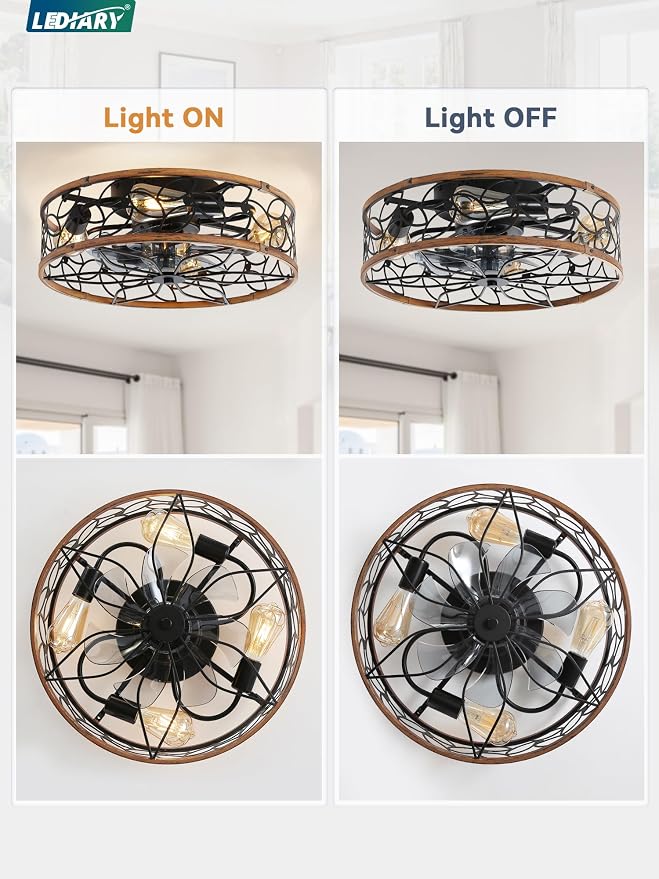 LEDIARY Caged Ceiling Fans with Lights, Farmhouse Flush Mount Ceiling Fan with Remote&App, Black&Walnut Low Profile Ceiling Fan Light Fixture for Bedroom, Kitchen, Dining Room.