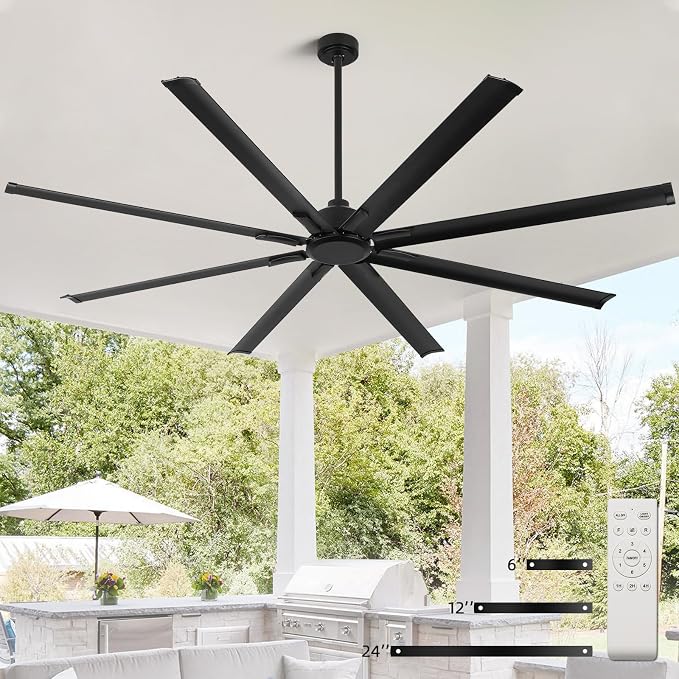 YYEHON 96 Inch Large Industrial Ceiling Fan no Lights, Reversible DC Motor, 3 Downrods, 6 Speed Remote Control, 8 Aluminum Blades, Outdoor Black Fans for Shop/Gym/Warehouse/Garage