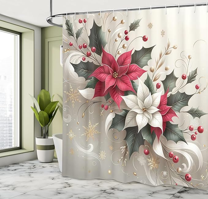 Ambesonne Christmas Shower Curtain, Traditional Xmas with Poinsettia Flowers Ornate and Snowflakes, Cloth Fabric Bathroom Decor Set with Hooks, 69" W x 84" L, Pale Vermilion and Grey Teal