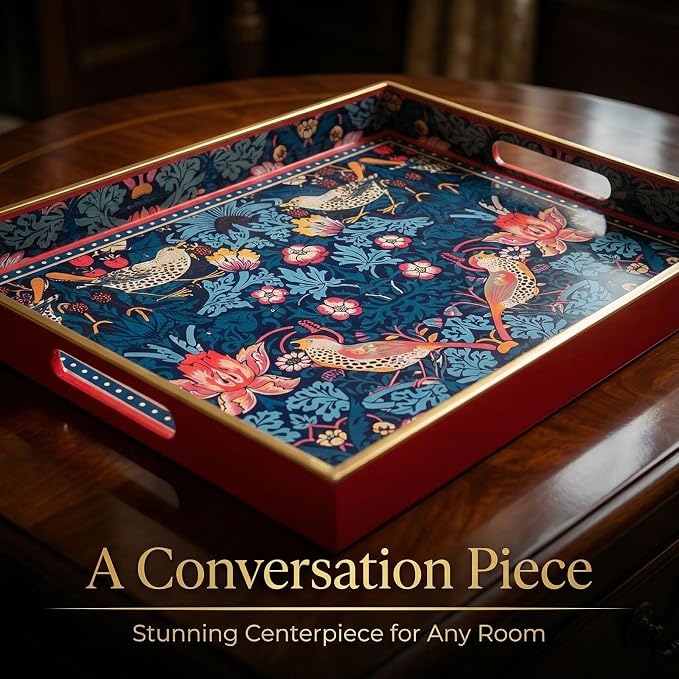 Decorative Tray, Marbling Plastic Tray with Handles, Rectangular Vanity Tray and Serving Tray for Bathroom, Kitchen, Ottoman and Coffee Table (Blue Flower Bird, 15.7 x 11.8 Inch)