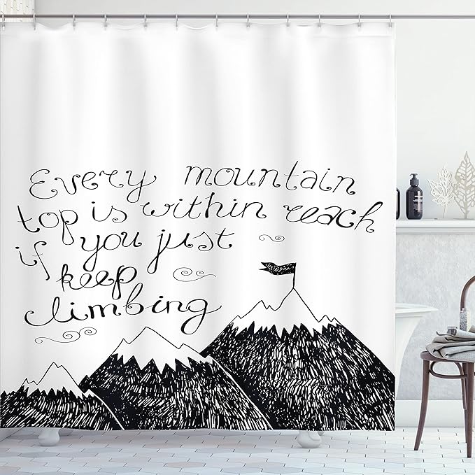 Ambesonne Wording Shower Curtain, Sketchy Mountains Hand Writing Style Letters Purpose Determination Success, Cloth Fabric Bathroom Decor Set with Hooks, 69" W x 75" L, White and Black